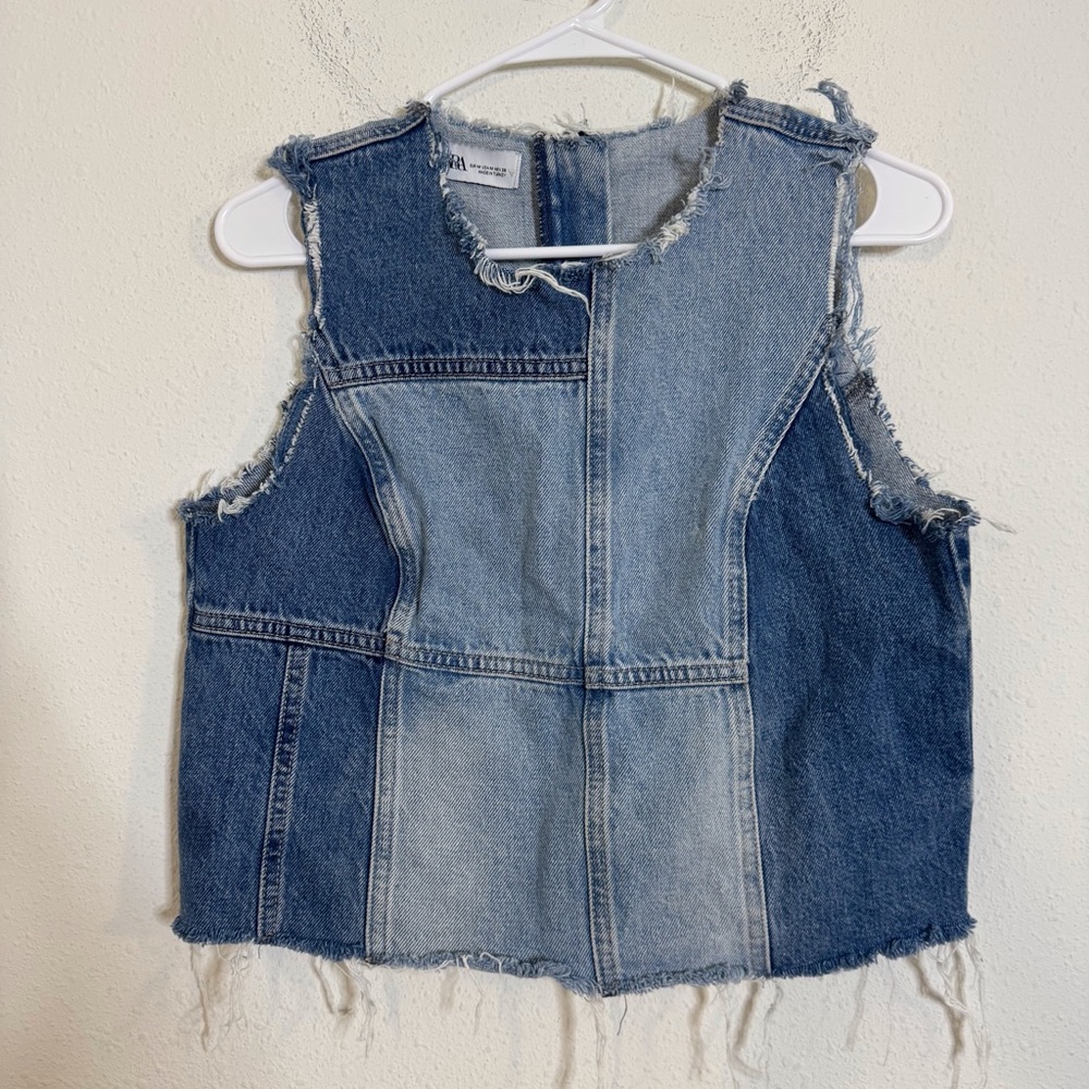 Zara denim patchwork raw hem sleeveless top - Picture 3 of 6